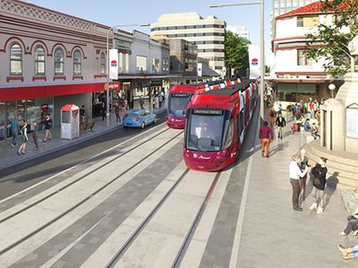 PARRAMATTA LIGHT RAIL ON TRACK AT WESTMEAD